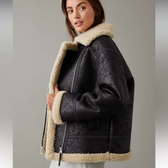 AE Oversized Vegan Shearling Moto Jacket Black Medium NWT - Picture 4 of 11